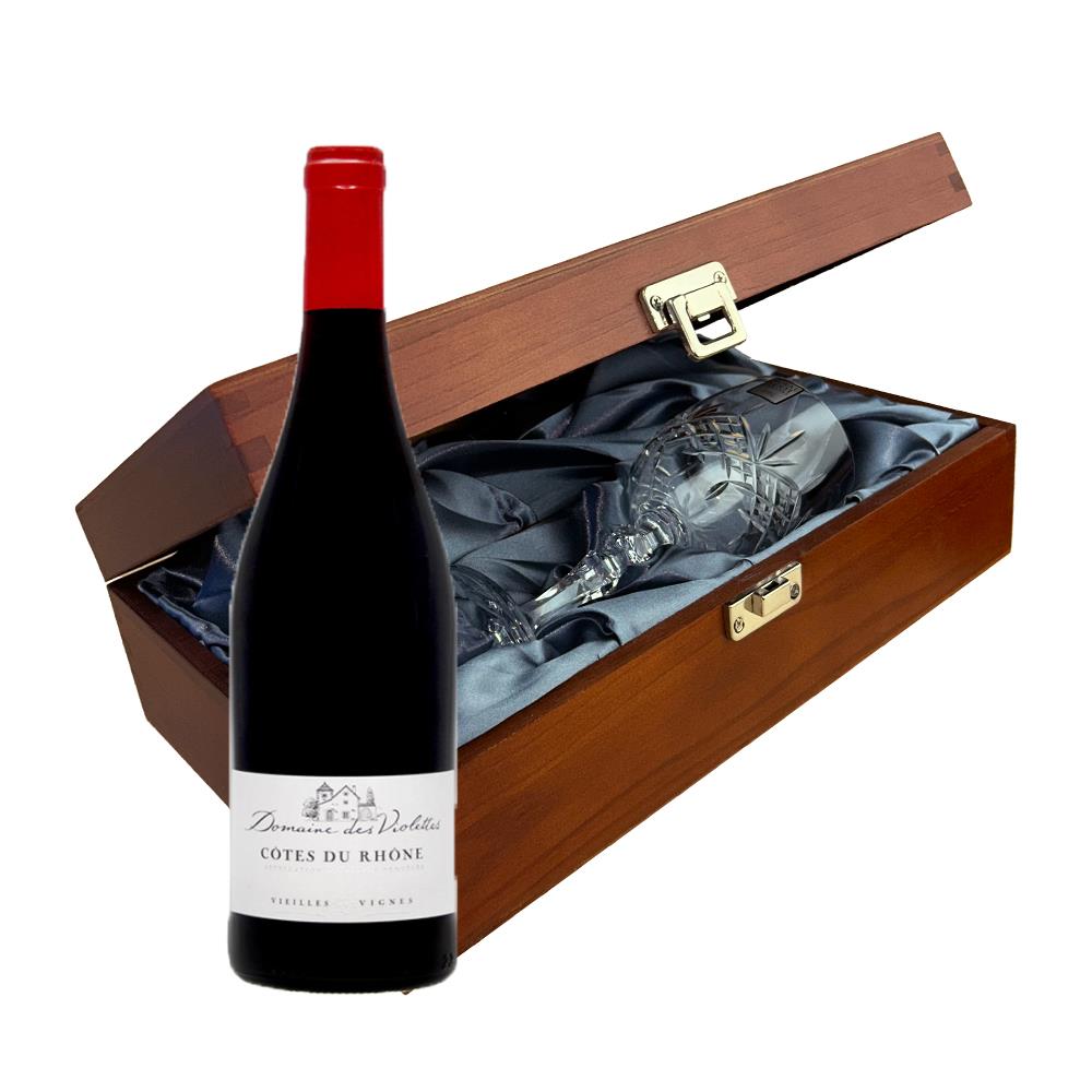 Les Violettes Cotes du Rhone 75cl Red Wine In Luxury Box With Royal Scot Wine Glass